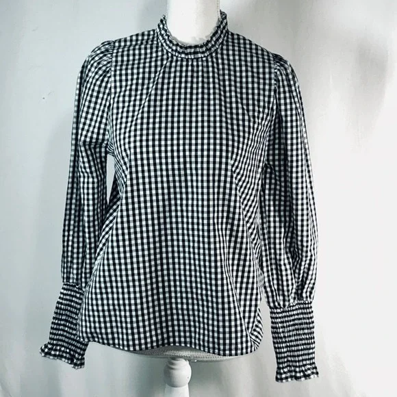 Zara Black and White Gingham Plaid Ruffle Neck Smocked‎ Cuff Blouse Small