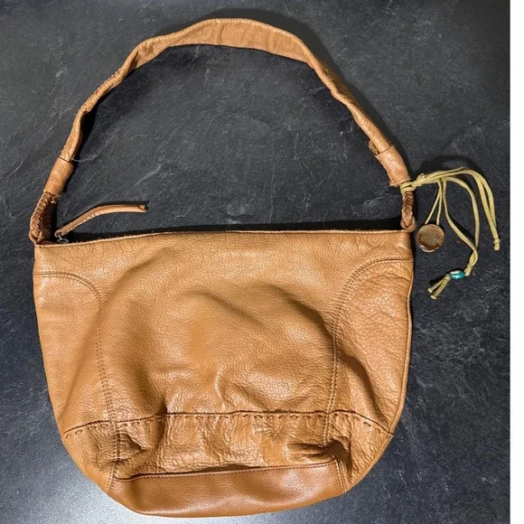 The Sak Tan Leather Fernwood Hobo Shoulder Bag Whipstitch Braided Strap Cognac