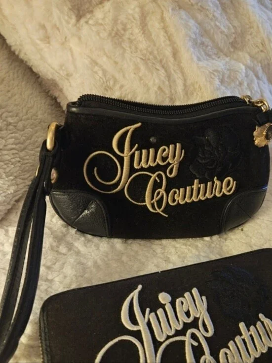 Rare Juicy Couture Y2k Black Velour Wristlet with Gold Embroidery And Charm