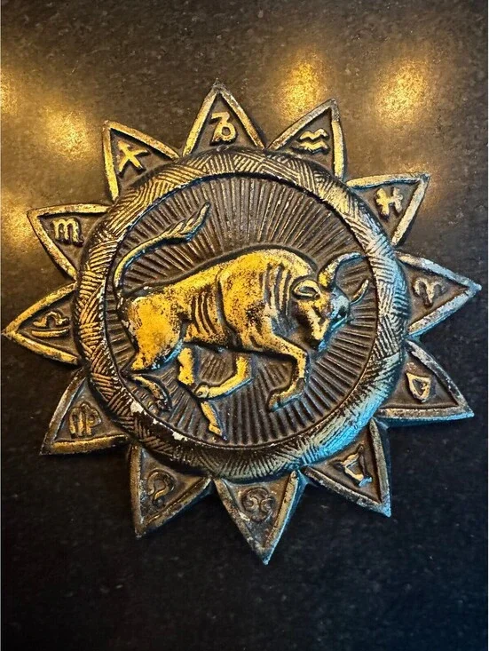 Vintage 1969 E. MESA Cast Aluminum Zodiac Sunburst Wall Plaque - TAURUS Bull