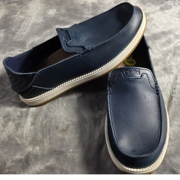 OluKai Kakaha Nia Men Size 9 Mood Indigo Blue Leather Slip On Loafer 10557-ZNZN