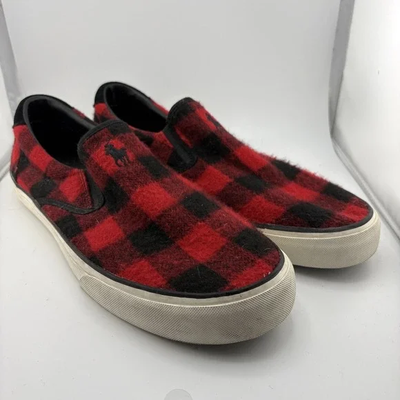 Polo Ralph Lauren Thompson Mens 12 Red Buffalo Check Plaid Slip On Sneakers