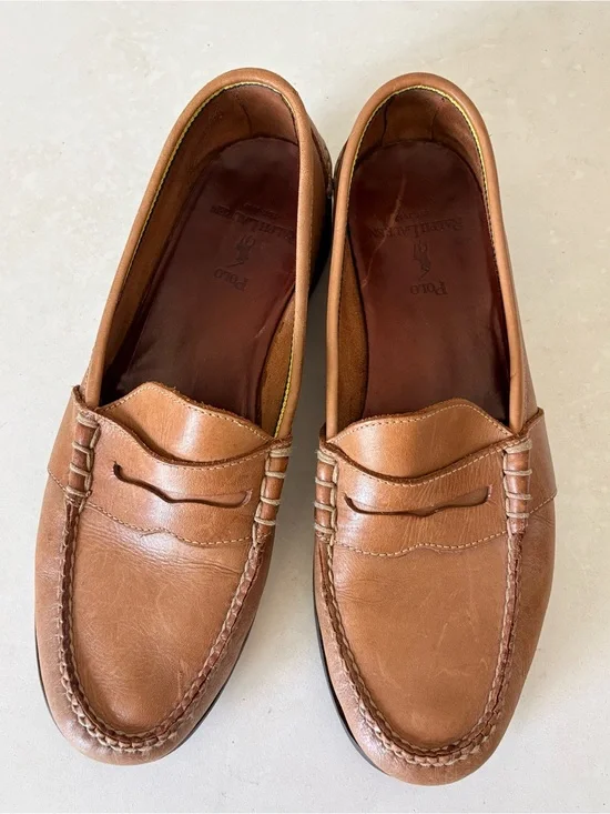 Polo Ralph Lauren Penny Loafers Mens Size 9.5 Brown Leather Slip On Dress Shoes