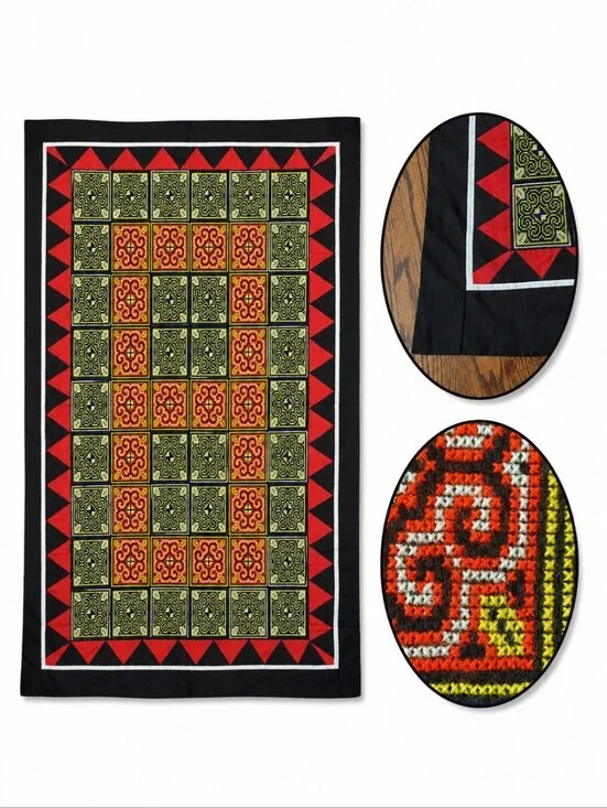 Hand made needlepoint colorful black/ red/yellow Exquisite Luxury quilt runner