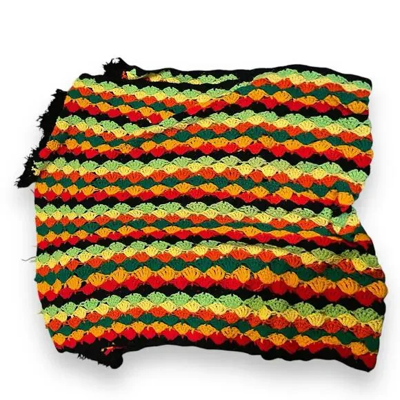 Crochet Throw Blanket Fringe Handmade Multicolored Cozy Gift Boho Decor Flawed