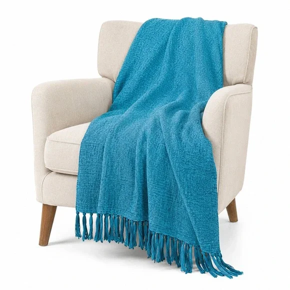 West Elm 44x56 Throw Blanket Tassel Fringe Textured Knit Acrylic Teal Blue 2017