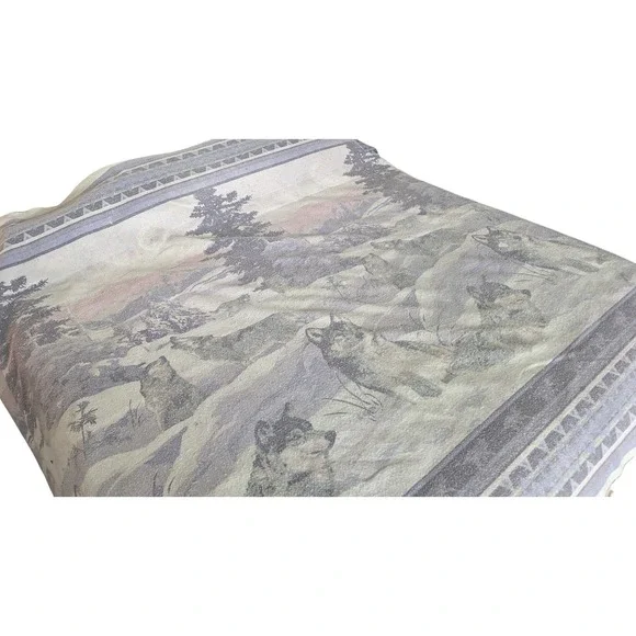 Vintage 90s Wolf Pack Blanket Blue Grey Mountain‎ Scene Made in USA