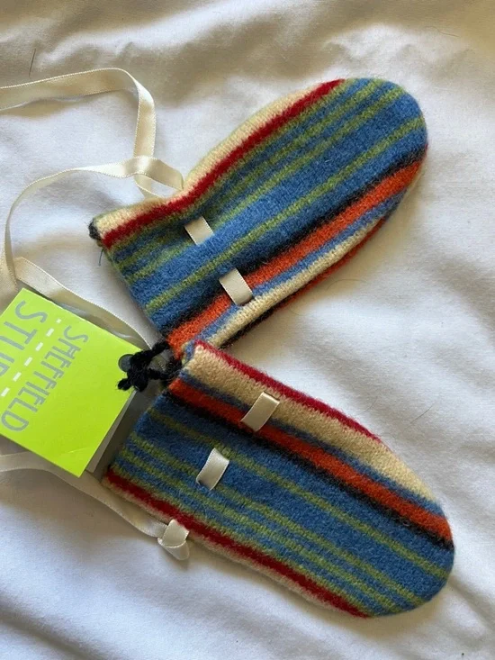 Source Unknown Kids Mittens Blue, Green, Orange, Red, Cream Stripes