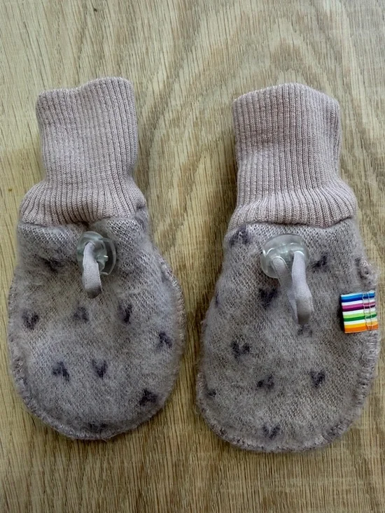 Taupe Knit Baby Mittens with easy adjustment to tighten