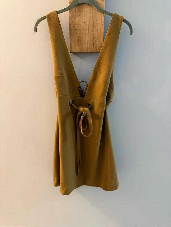 FREE PEOPLE Mustard-Brown Suede Feel Deep-V Dress w Grommets & Tie Waist, S