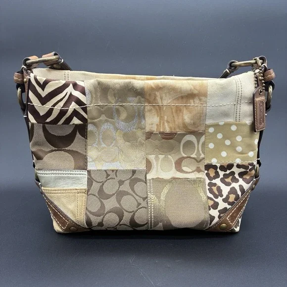 Coach Carly 10814 Y2K Patchwork Signature Hobo Shoulder Bag Brown‎ Tan Canvas