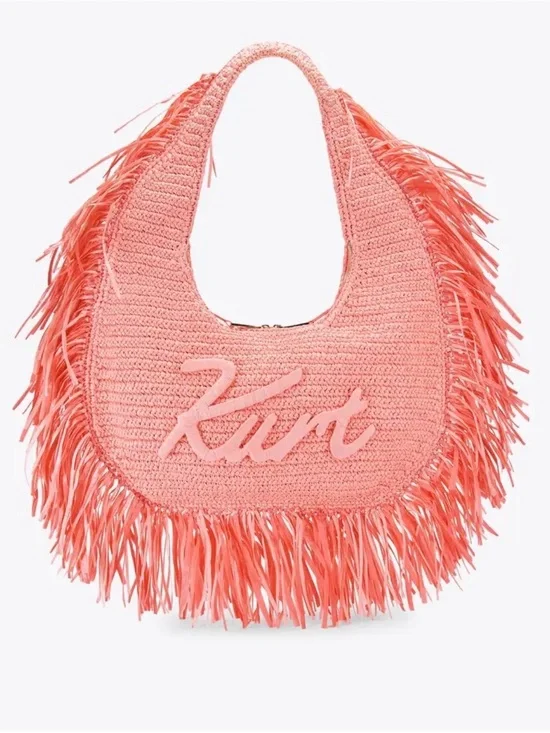 Kurt Geiger Coral Pink Raffia Fringe Hobo Bag