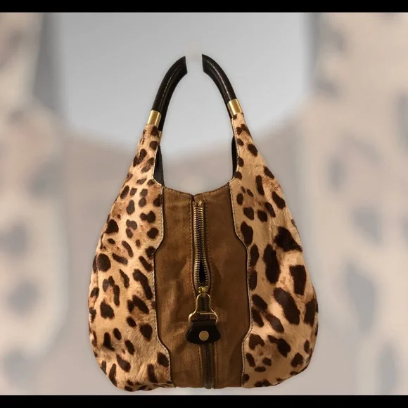Jimmy Choo Leopard Print and Brown Suede Hobo Bag