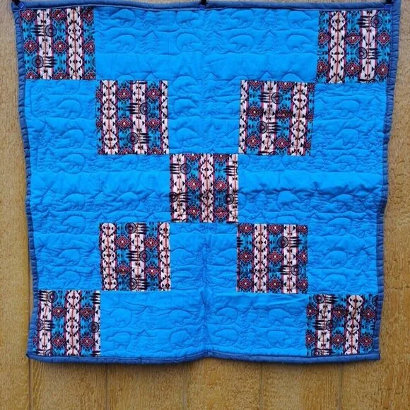Blue Aztec Western Bear Crib Doll Baby Quilt‎ Patchwork 35