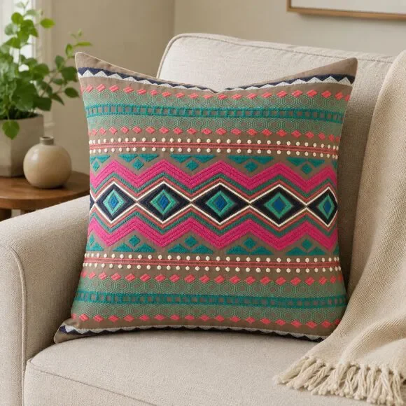 West Elm Throw Pillow Cover Southwest Embroidered Taupe Pink Turquoise 15 x 16
