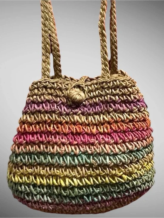 Vintage Rainbow Straw Jute Tote Hobo Bag Boho Beach Crochet Purse