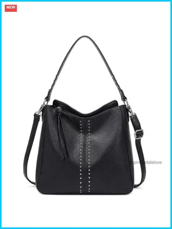Faux Leather Hobo Bag Crossbody Purse Shoulder Handbag with Metal Stud Accents