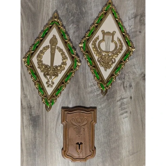 Vintage Homco 1971 Gold Green Velvet Lyre Torch Wall Plaques Bracket Set of 3