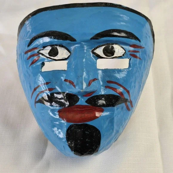 Vintage Papier-Mâché Mask Folk Art Handmade Painted Face 6 Inch Wall Decor