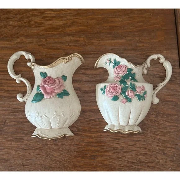 Home Interiors and Gifts Vintage Wall Plaques Pink Rose Pitchers Set 2