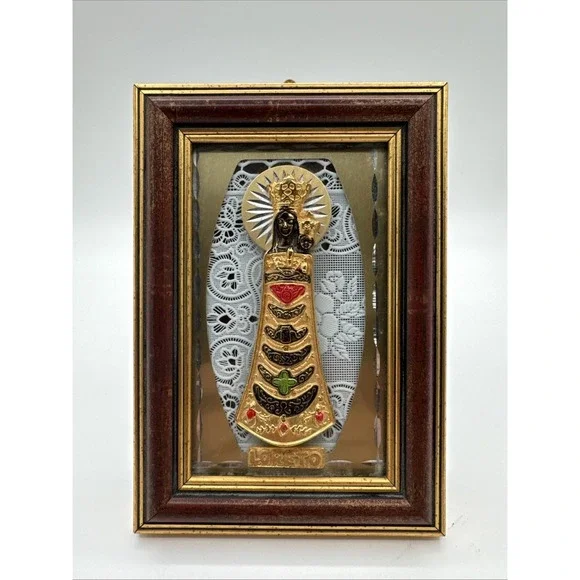 Golden Our Lady of Loreto Madonna & Child Framed Plaque Wall Desk Mount 6x4 VTG