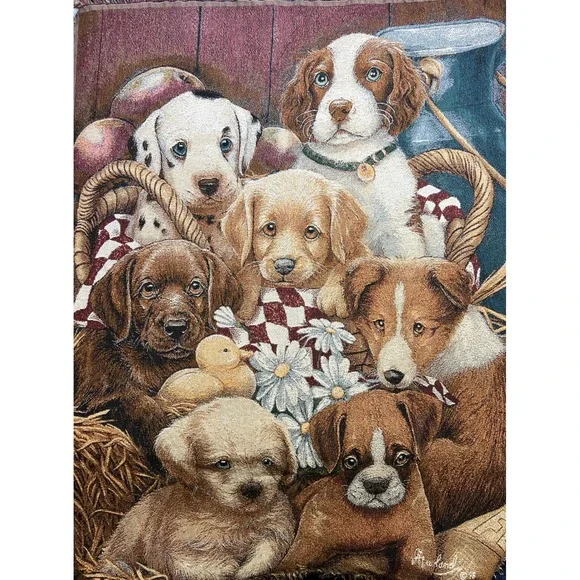 VTG Puppy Dog Tapestry Woven Throw Blanket Pups Basket Newland Applejack 48x67‎