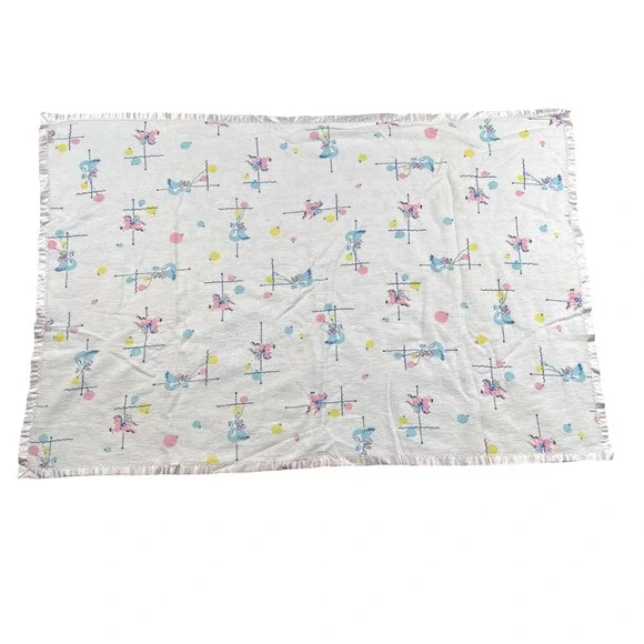 Vintage Comfort Carousel Receiving Blanket‎ Pink Blue Satin Trim 26x36 White 271