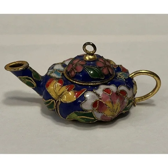 Vintage Cloisonné Porcelain Enamel Miniature Tea Pot With Floral Pattern