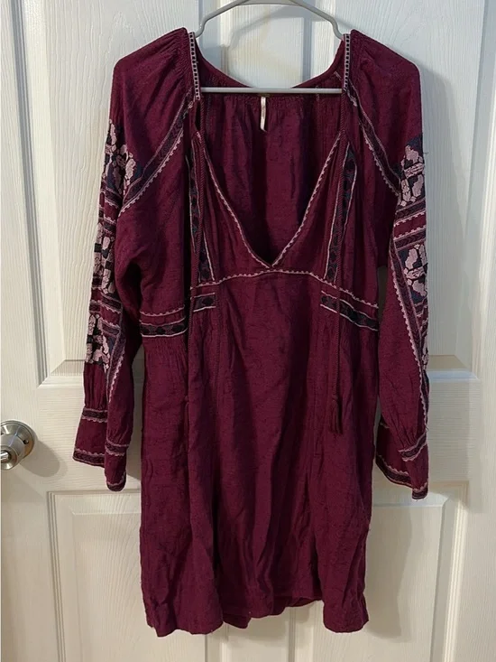 Free People Wine Embroidered Long-Sleeve Tunic Dress
