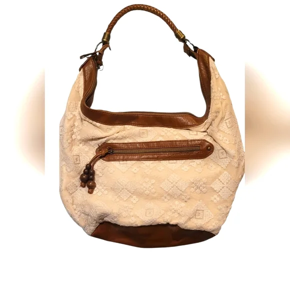T•Shirt & Jeans Cream & Brown Lace‑Front Bag • Like New  Leather Trim  Boho Chic
