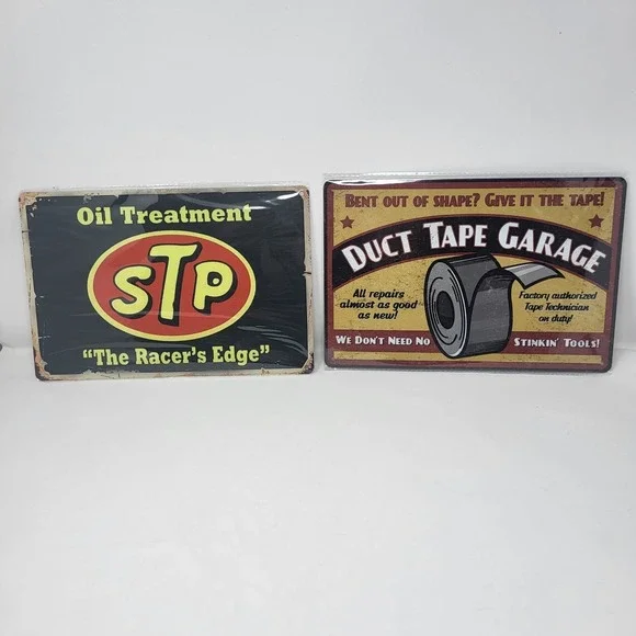 Lot Of 2 Metal Vintage Retro Look Mancave Workshop Garage Sign Signage Oil Duct