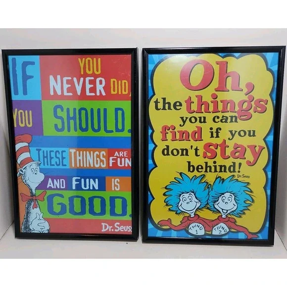 2 Dr. Seuss Framed Quote Wall Art Print‎ Hanging Decor 12.5x8.5 Set Lot Of 2