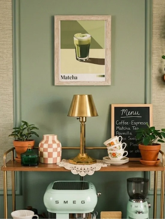 Retro Matcha Tea Green Toned Canvas Art Print Framed Wall Art Mid Century Art