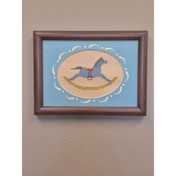 Vintage Rocking Horse Needlepoint Framed Wall Art Wood Frame Nursery Folk Decor