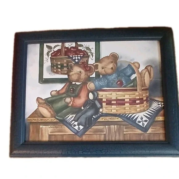 Rustic Teddy Bear Wall Art Framed Print Basket Apples‎ Farmhouse Nursery Decor