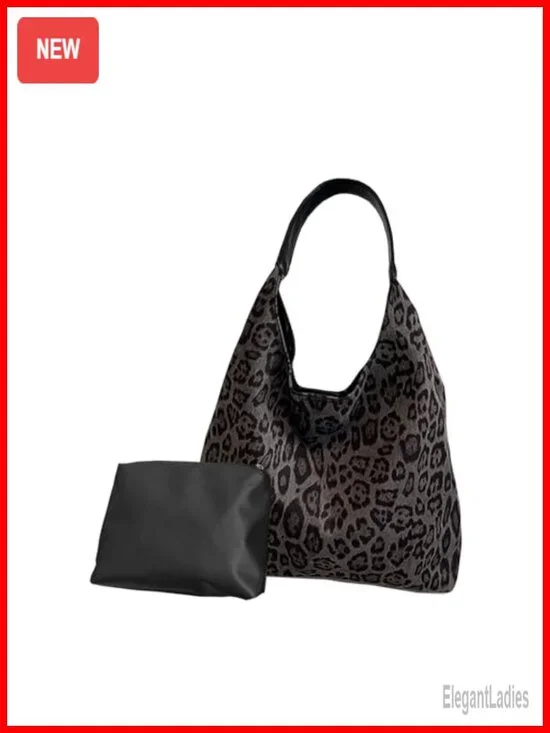 Faux Suede Leopard Hobo Tote Bag Shoulder Handbag