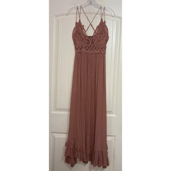 Free People Adella Maxi Dress Mauve Pink Boho Lace Crochet Ruffle Sm Coachella