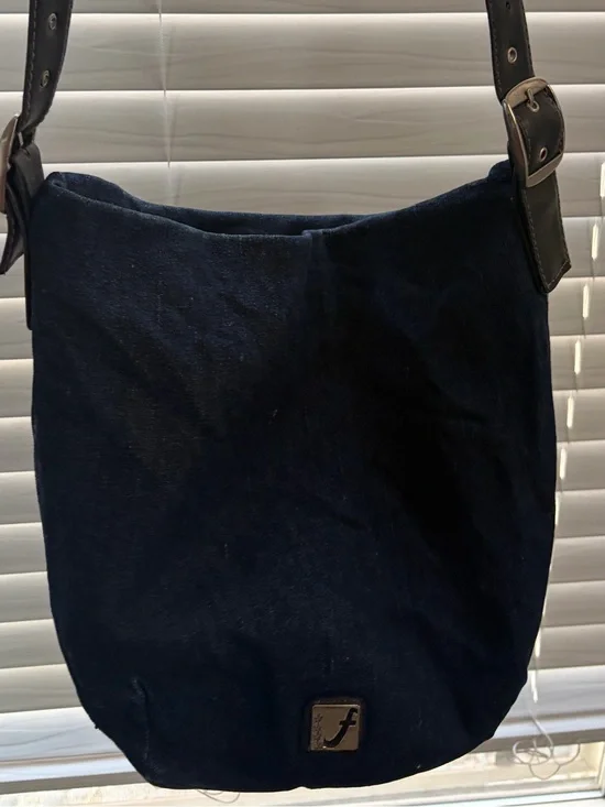 Vintage Y2K Faded Glory Navy Canvas Shoulder Bag with Black Leather Strap