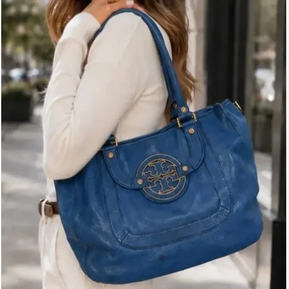 Tory Burch Blue Amanda Classic Hobo Pebbled Leather Gold Hardware + Dust Bag