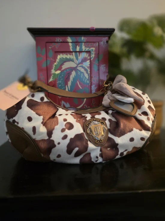Juicy Couture Saddle Brown & White Cowhide Hobo with Chain Accent