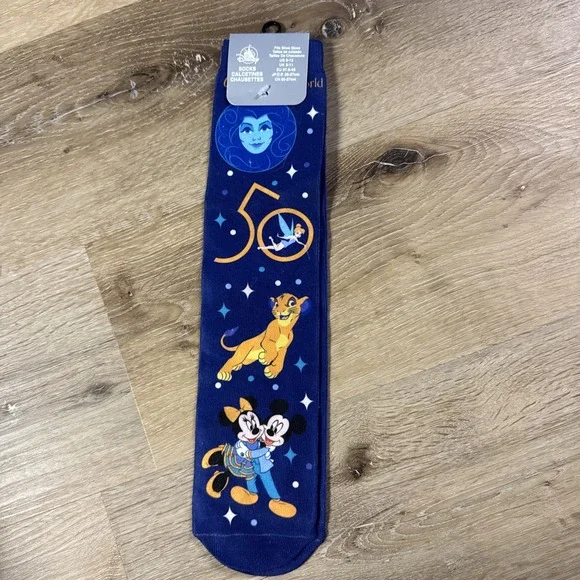 Walt Disney World Parks 50th Anniversary Pair Blue Socks Characters US 6-12 NEW