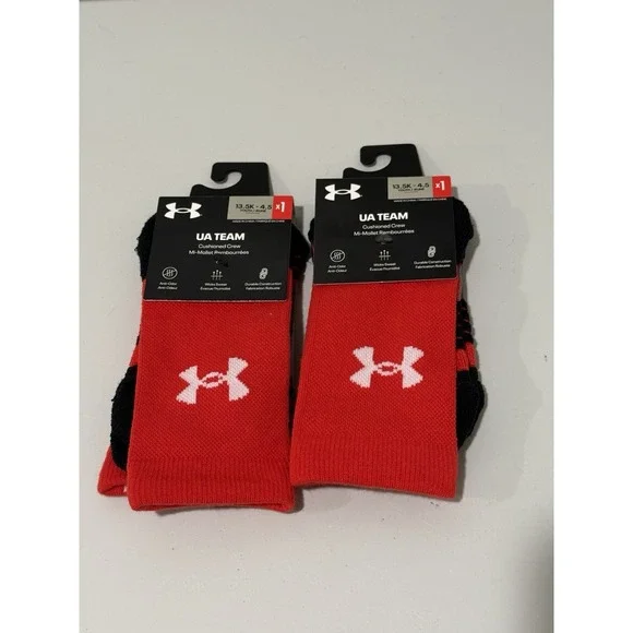 Under Armour Team Crew Socks Red,‎ Size: Youth 13.5-4.5 (2 Pairs)