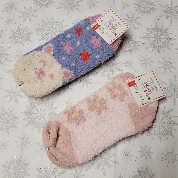 Kid's Cozy Socks Fuzzy Winter Socks for Girls Flowers Kitty with Stars Snowflake