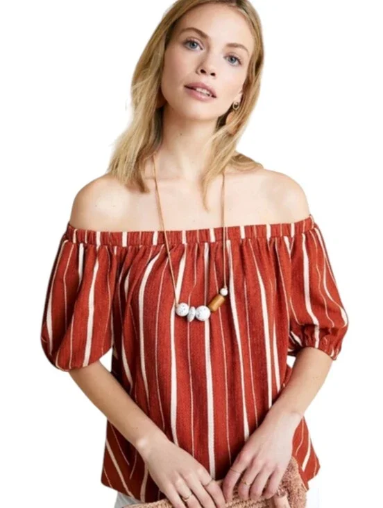 By Anthropologie Elodie Off-Shoulder Striped Top | Size M |Burnt Orange & Cream