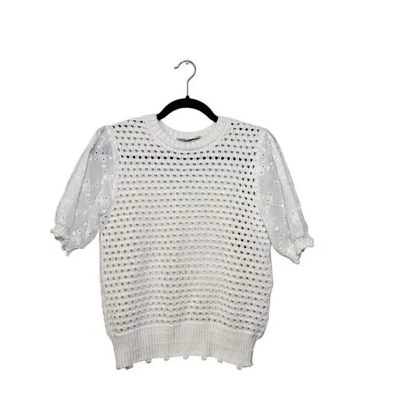 Zara white knit puff sleeve top Small