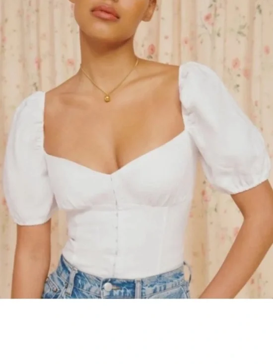 Reformation Rome Linen White Puff Sleeve Smocked Blouse Top Size 8