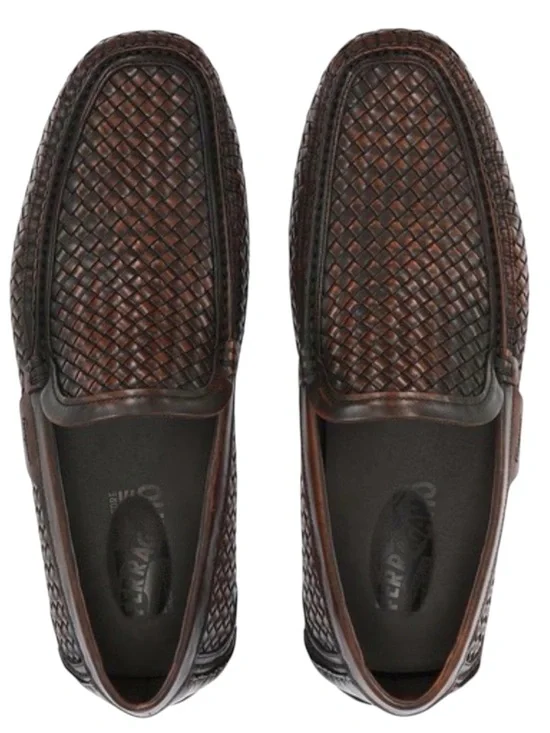 Salvatore Ferragamo Dark Brown Woven Leather Slip-On Loafers
