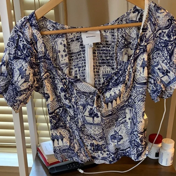 Reformation Blue and White Patterned Puff-Sleeve Blouse