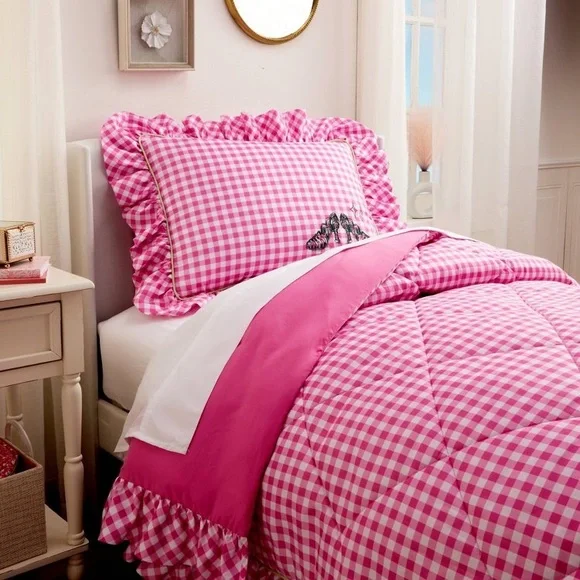 Wicked Katie Kime Twin Comforter Pink Gingham Ruffles High Heels Print NEW