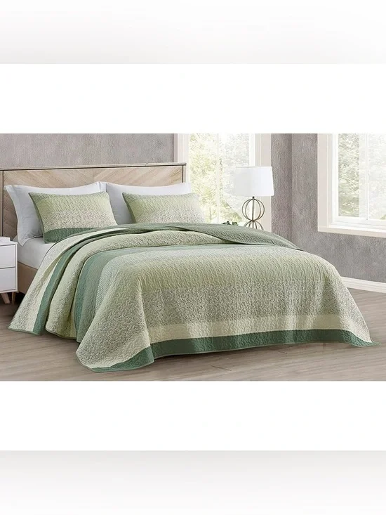 Green Striped oversized king 3 piece Quilted Bedspread Set 100% cotton